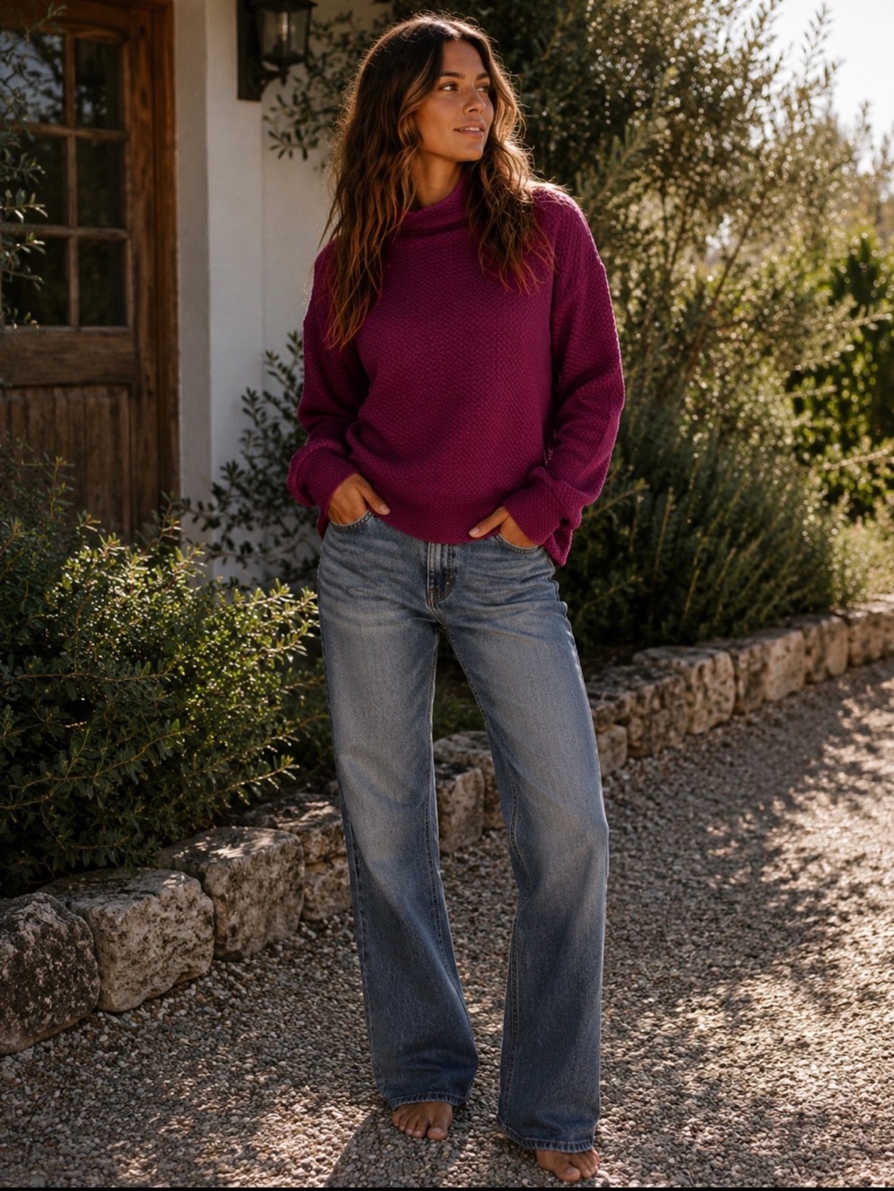 Calia Cozy Funnel Neck Sweater in Deep Magenta